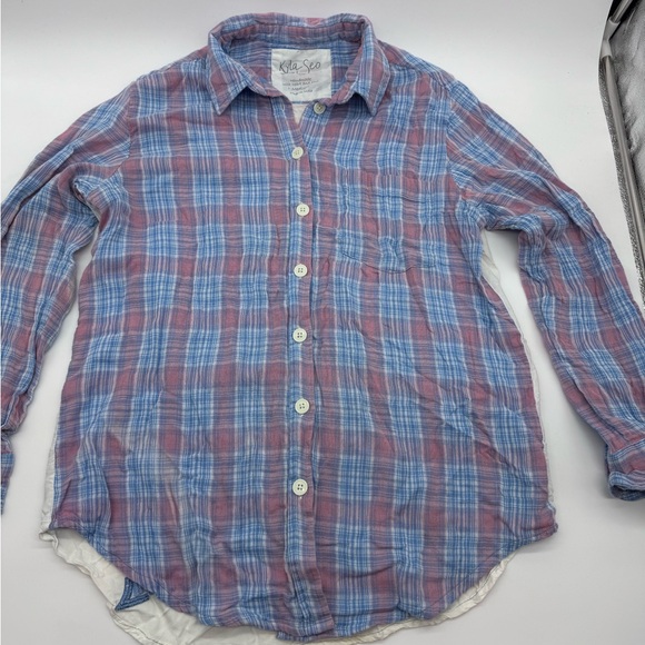 Kyla Seo for Anthropologie Blue/Pink Plaid, Embroidered, Roll Tab Sleeves, Med - Picture 2 of 12